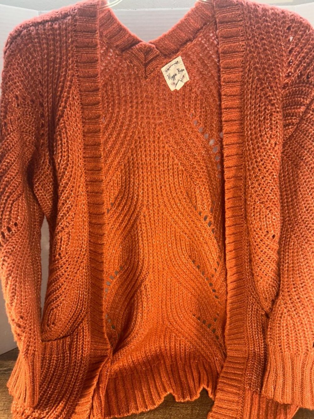 Terracotta Burnt Orange Chevron Pointelle Knit Open Crochet Sweater